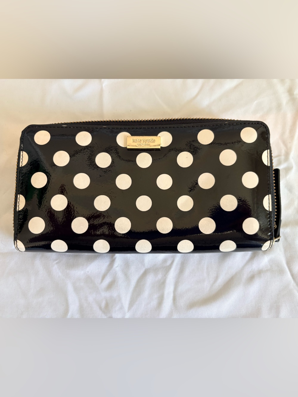 kate spade Black and White Polka Dot Patent Zip-Around Wallet
